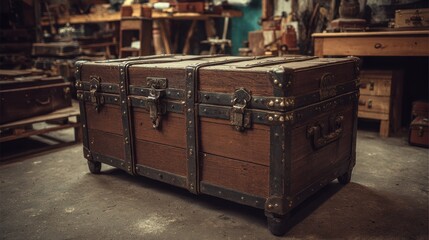 Close up of antique wooden trunk with metal hardware details