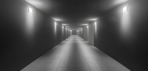 Render of a simple, minimalistic black and white empty dark tunnel with lights on the walls, in perspective.
