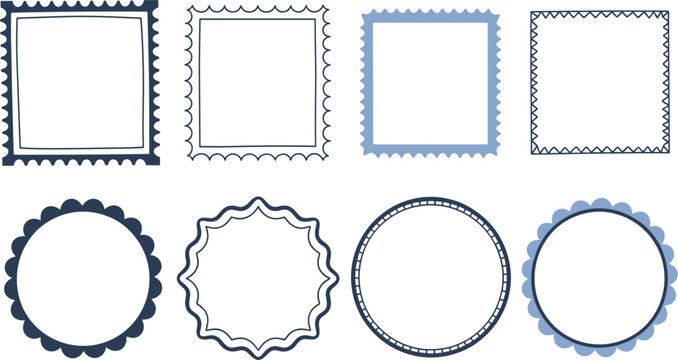 Hand drawn blue postage stamp and decorative frame vector set with square and circular scalloped borders