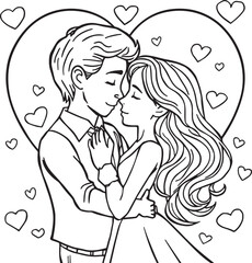 A young couple shares a romantic kiss as a loving groom and bride celebrate their wedding with a heart illustration