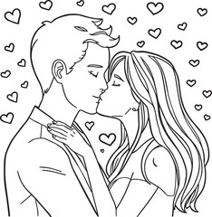 A vector illustration of a black silhouette of a couple in a heart-shaped line drawing, featuring a woman with beautiful hair and her partner celebrating family love and a wedding