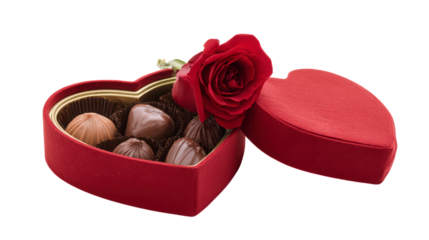 Elegant heart shaped red box filled with sweet chocolate candies and romantic red rose for valentine celebration sweet indulgence perfect gift