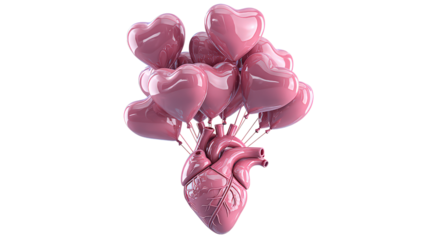Heart balloons connected to realistic anatomical heart on transparent background represents love connection and glossy style for greeting cards