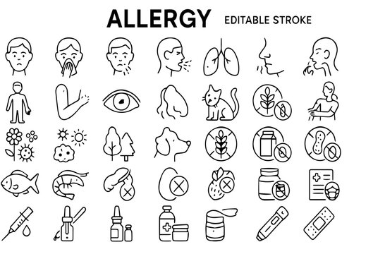 Allergy Line Icons Set &ndash; Food Allergy, Symptoms, Medical Care and Treatment Symbols