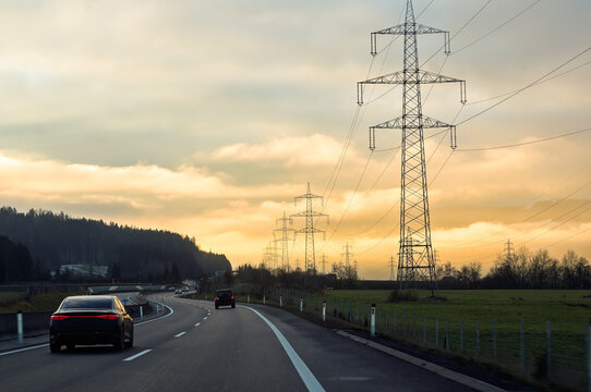 Highway Traffic and Power Transmission Lines Along the S6 in M&uuml;rztal, Austria