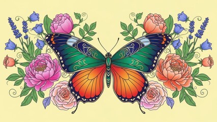 Symmetrical illustration of a butterfly with ornate wings, surrounded by flowers and foliage