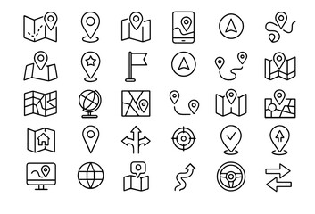 Map and Navigation Line Icons Set &ndash; Location Pin, GPS, Route and Direction Symbols