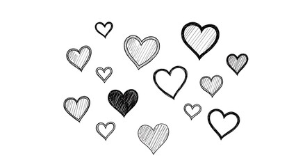 Hand drawn hearts in various sizes and styles on white