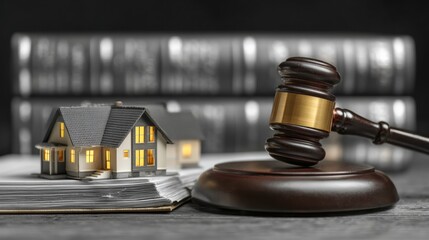 Real Estate Law and Transparency With Layered Surfaces in a Legal Setting Featuring a House and a Gavel