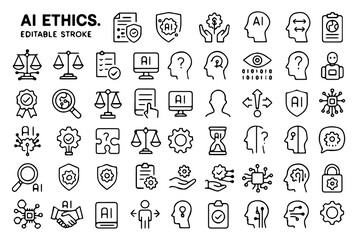 AI Ethics Line Icons Set &ndash; Artificial Intelligence Responsibility, Privacy and Security Symbols
