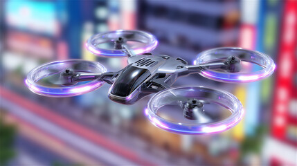 Quadcopter drone with glowing rotors hovering over a neon city street. Smart city concept for delivery, surveillance, robotics, and high tech urban transportation, shallow depth.