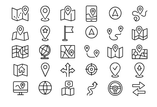 Map and Navigation Line Icons Set &ndash; Location Pin, GPS, Route and Direction Symbols