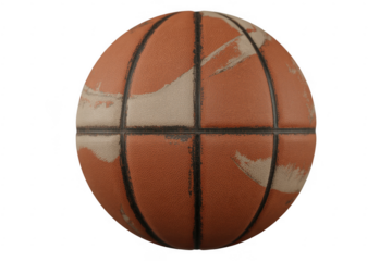 Worn orange basketball with white patches leather isolated on a transparent background
