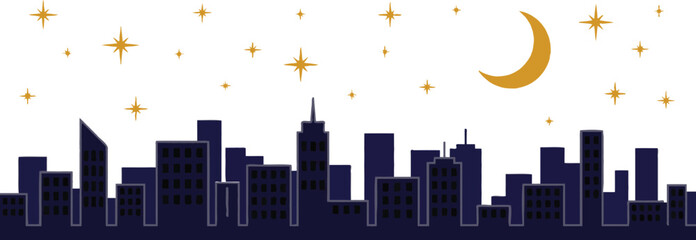 Night city skyline silhouette with golden crescent moon and shining stars over dark urban buildings skyscrapers for peaceful midnight town view and architecture. © VectaNoor