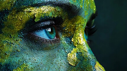 An artistic interpretation of skin condition. Skin texture and eye details are visible. The skin has a cracked, raised appearance with varying shades of blue, green and gold paint application