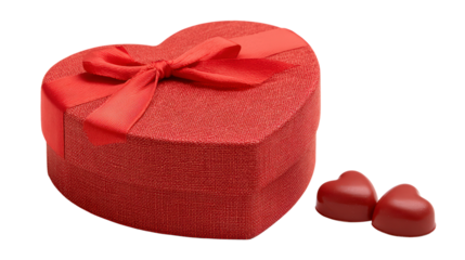 Heart shaped box with red ribbon and two chocolates isolated on transparent background great for valentine's day themed graphics and designs