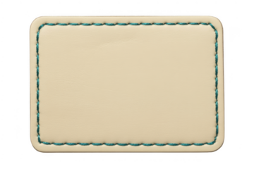 Beige leather label with blue stitching stitched border isolated on a transparent background
