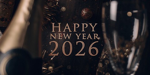 close-up of champagne bottle and glass with gold text reading Happy New Year 2026 on dark background with gold confetti and sparkles