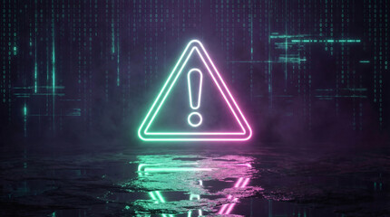 Glowing warning sign with exclamation point against digital binary code background