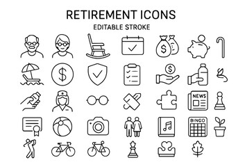 Retirement and Senior Lifestyle Icons Set with Editable Stroke