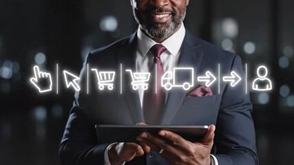 Man interacting with digital shopping icons on tablet screen - Powered by Adobe