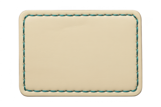 Beige leather label with blue stitching stitched border isolated on a transparent background - Powered by Adobe