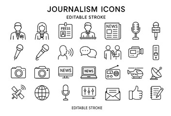 Journalism and News Media Icons Set with Editable Stroke