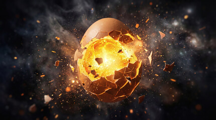 A cracked egg releasing a bright explosion of fire and energy within