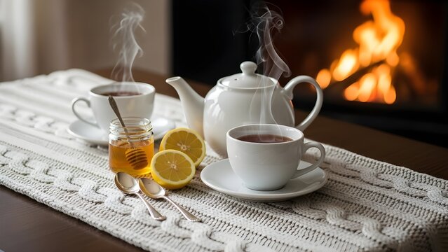 Cozy tea time by the fire isolated on transparent background, isolated on white background