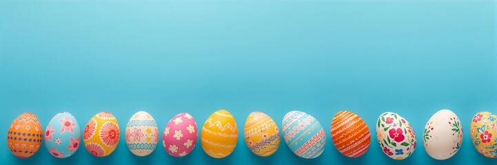 Obraz premium Colorful Easter eggs with painted patterns lined up on a vibrant blue background with copy space