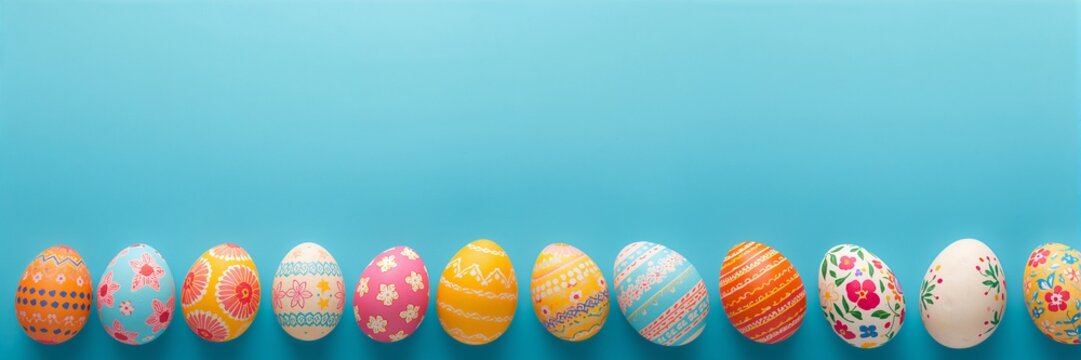 Colorful Easter eggs with painted patterns lined up on a vibrant blue background with copy space