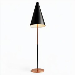 A modern floor lamp with a black conical shade and a copper base, against a white background