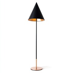 A modern floor lamp with a black conical shade and a copper base, against a white background