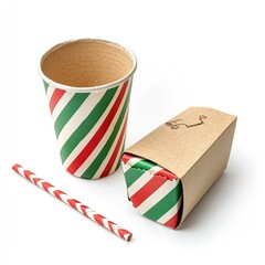 A paper cup with a straw falling over, set against a white background.