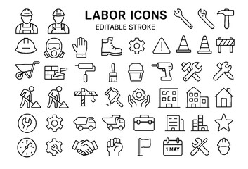 Labor and Construction Line Icons Set &ndash; Workers, Tools, Safety Editable Stroke