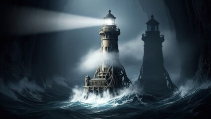 Two weathered lighthouses in stormy waters, one emitting a bright beam