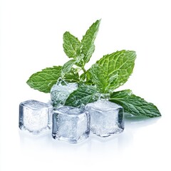 A photograph of fresh mint leaves and ice cubes, isolated on a white background