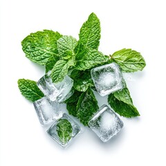 A photograph of fresh mint leaves and ice cubes, isolated on a white background