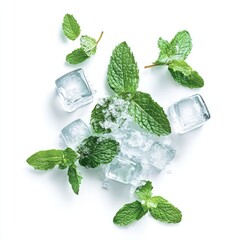 A photograph of fresh mint leaves and ice cubes, isolated on a white background