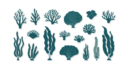 Diverse underwater plant collection featuring stylized coral and various seaweed forms creating a serene aquatic theme