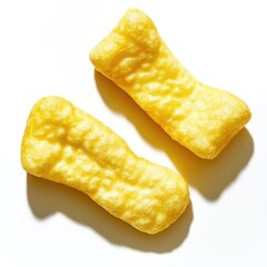 A photograph of three puffed corn snacks, isolated on a white background as an advertising product shot with soft studio lighting.