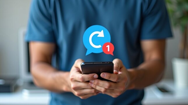 A person holds a smartphone, with a chat app icon (blue speech bubble + refresh arrow) and a red "1" notification badge floating above—suggesting an unread message or new update. - Powered by Adobe
