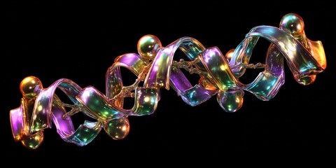 Stylized abstract protein folding structure with interlocking molecular components in vibrant iridescent colors on black background showcasing drug discovery and molecular engineering research concept