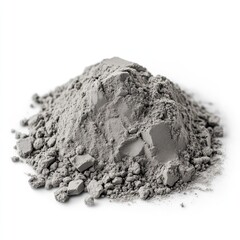 A pile of powder, gray in color with a small amount of liquid inside, isolated on a white background.