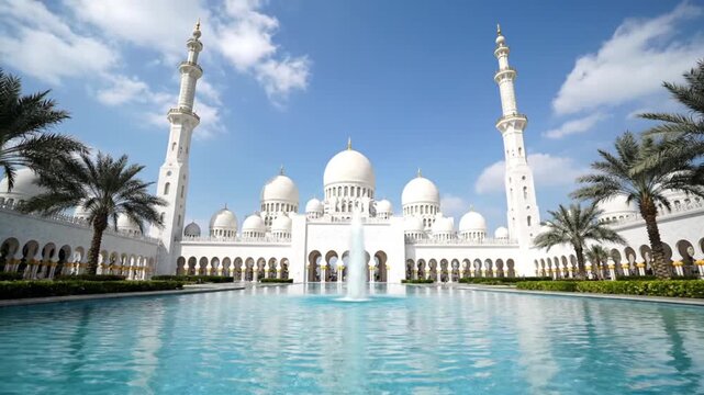 A magnificent wide shot reveals a pristine white architectural wonder, boasting an impressive collection of elegant domes and soaring minarets set against a vibrant blue sky dotted with soft, ephemera