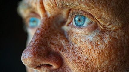 Fototapeta premium A close-up shot showcases a face affected by skin cancer, highlighting the irregular patterns and textures of the skin. It emphasizes the importance of awareness about dermatological health issues.