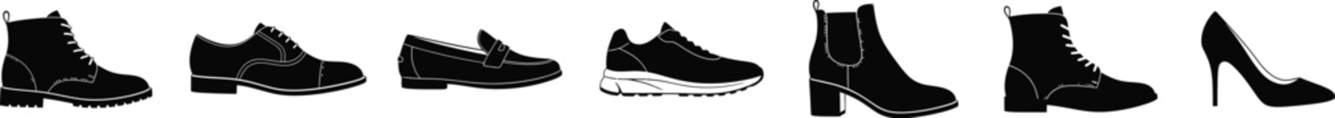 Vector illustration features seven different shoe styles in black silhouette against a stark white background