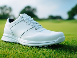Modern spikeless golf shoe on pristine green grass highlighting premium synthetic leather material and sole design perfect for athletic footwear ecommerce product retail photography marketing.
