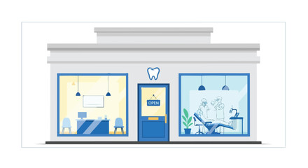 Modern dental clinic exterior featuring a welcoming reception and active treatment area
