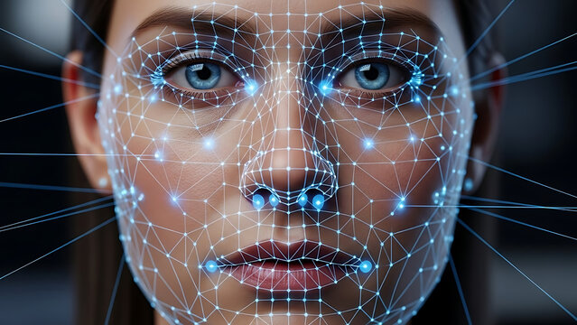 Close up of a woman's face with a digital facial recognition network superimposed over her features, representing artificial intelligence and biometric technology - Powered by Adobe
